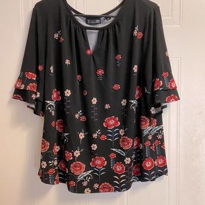 Black Floral Mid- Length Sleeve Blouse